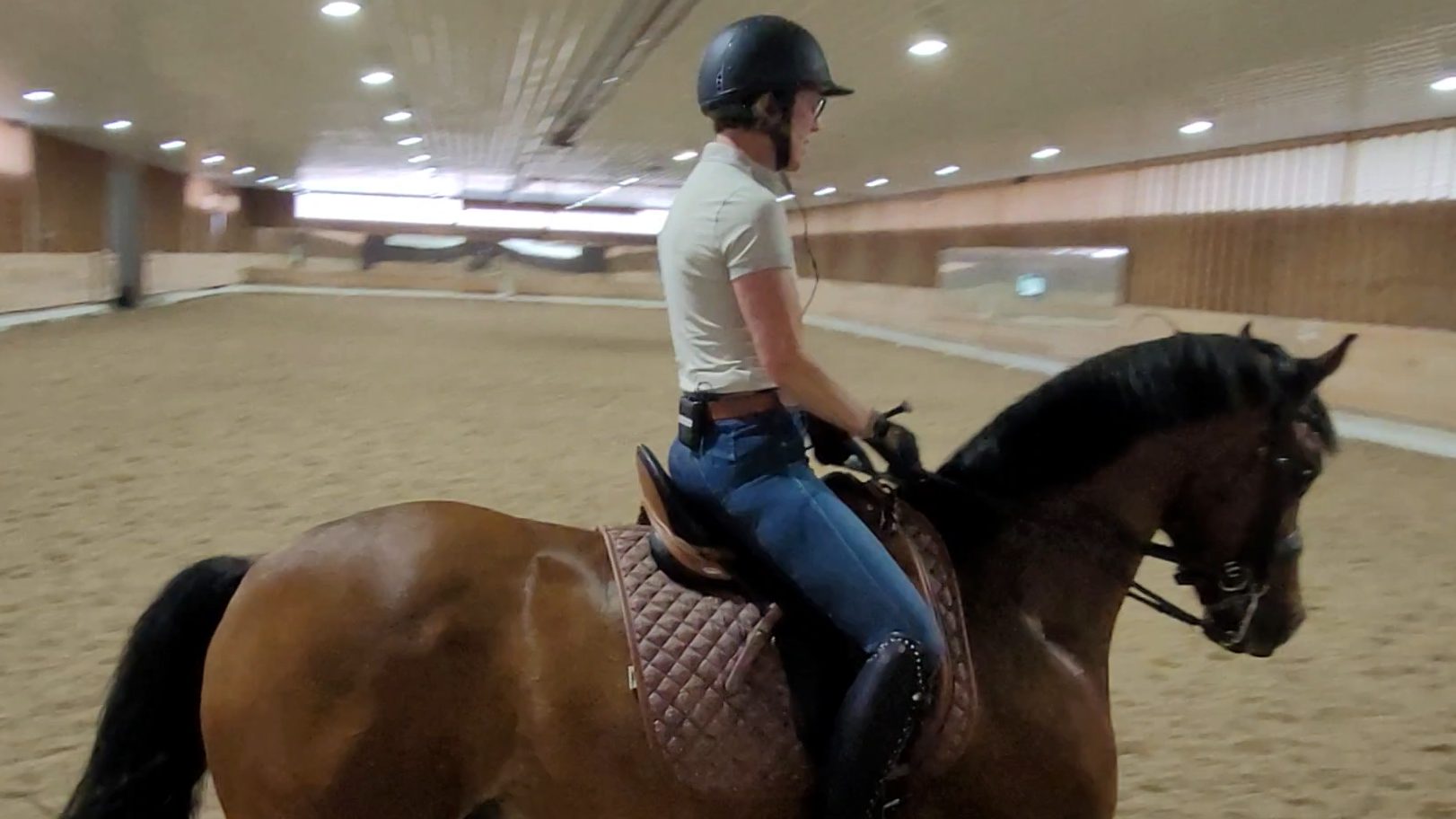 A dressage rider on a dark bay horse in an indoor arena, her instructor standing close by, mid-lesson